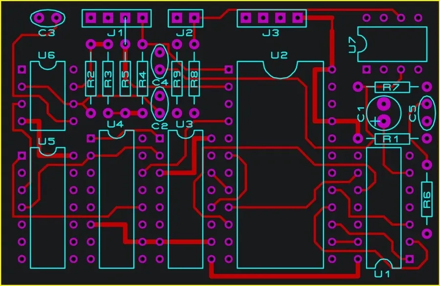 A screenshot of a PCB design software displaying a complex board layout.