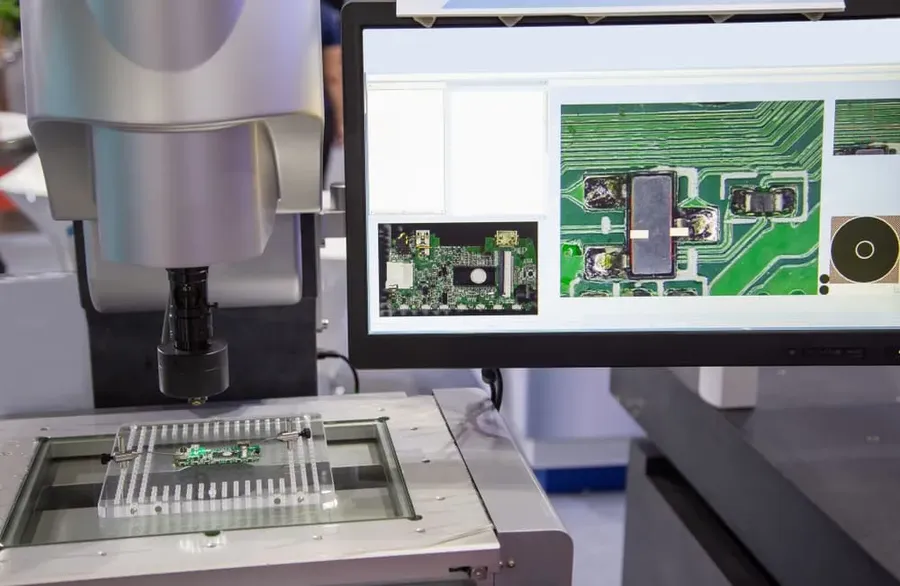 An Automated Optical Inspection (AOI) machine inspecting a PCB.