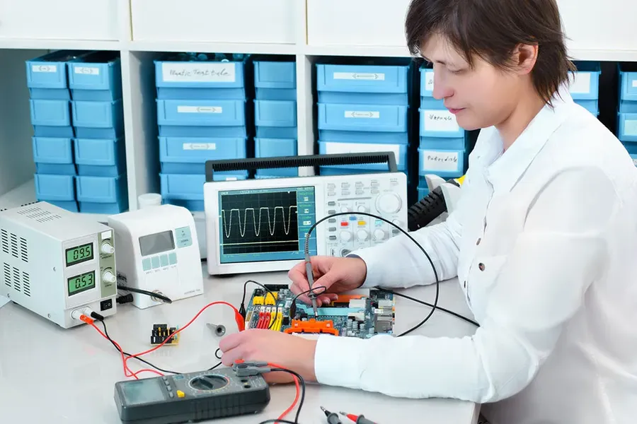A technician inspecting a PCB board under a microscope.