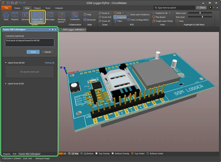 Screenshot of the CircuitMaker software showing a PCB design.