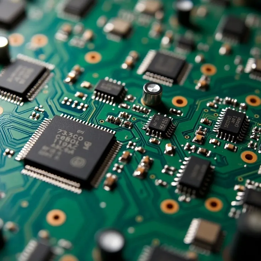 A close up view of a printed circuit board with visible traces and components.
