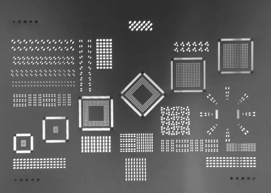 A metal stencil used in the SMT process for applying solder paste to PCBs.