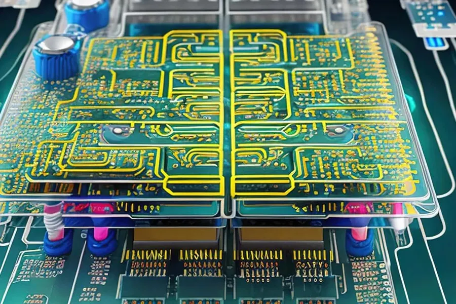 A close up image of a multilayer printed circuit board.