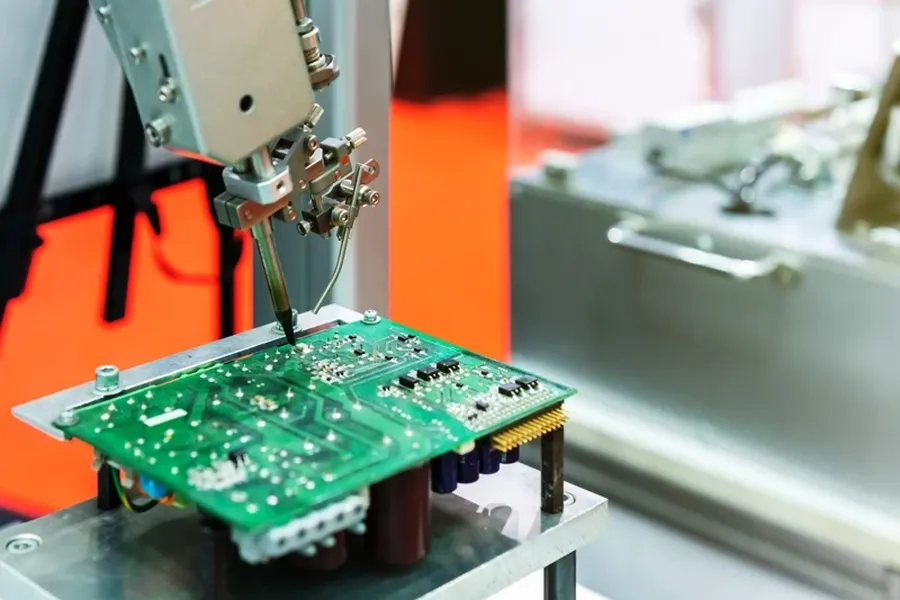 A close-up view of an SMT machine placing components onto a printed circuit board.