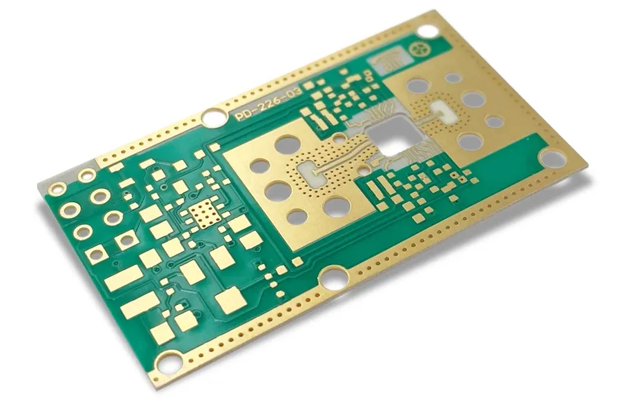 A Rogers PCB board showing its copper traces and construction.