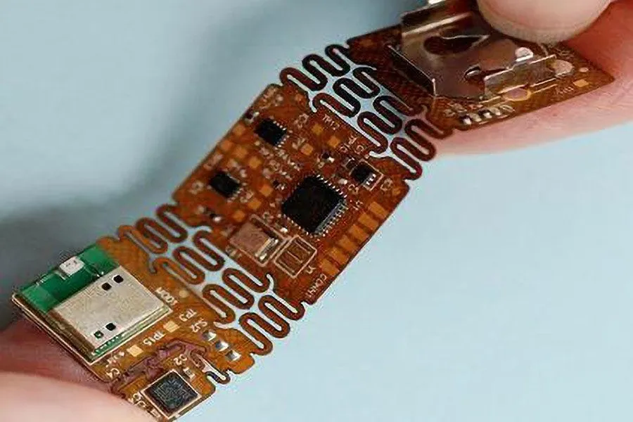 A cross-section view of a multi-layer flexible PCB.