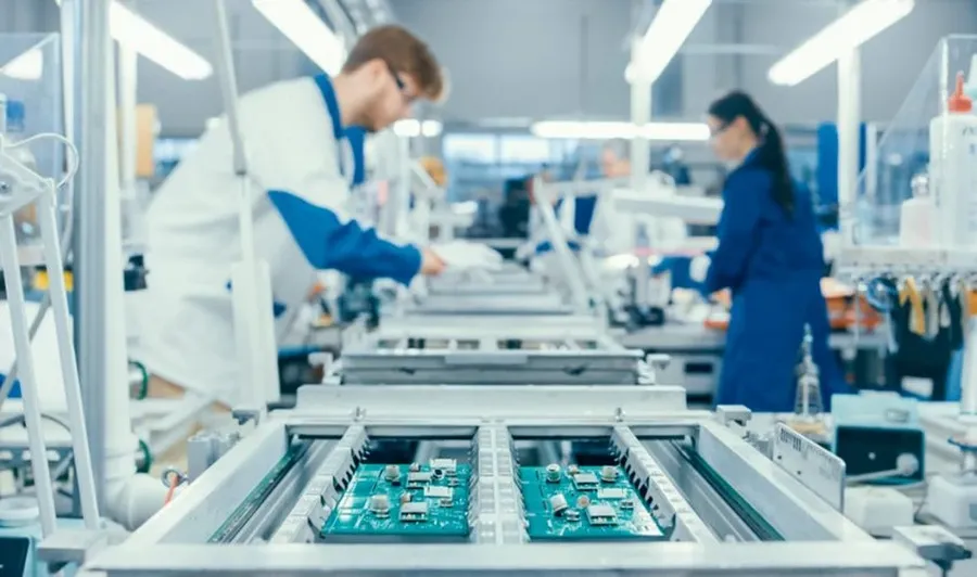 A wide shot of a PCB production floor with workers and equipment.