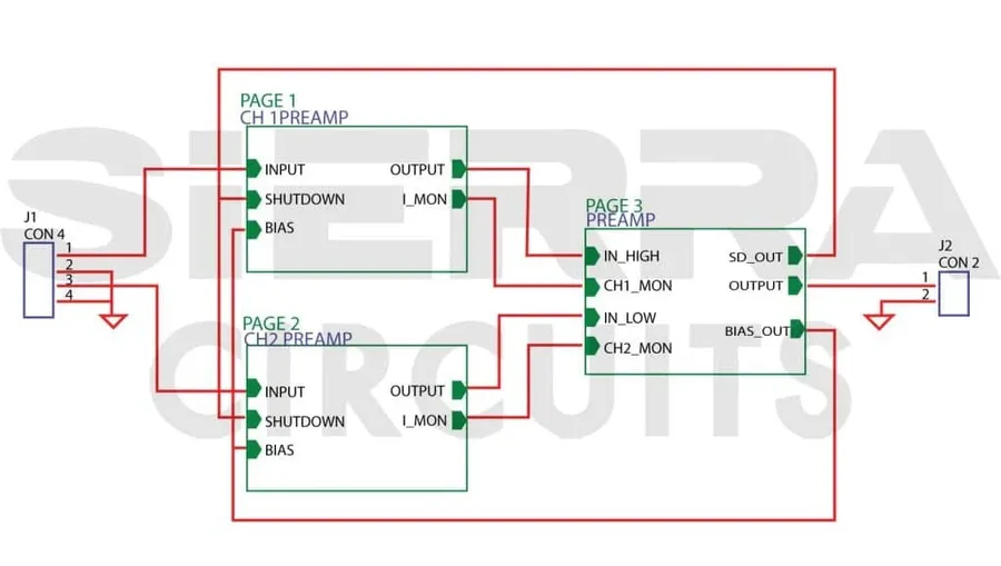 A digital schematic diagram of a PCB, showing components and connections.