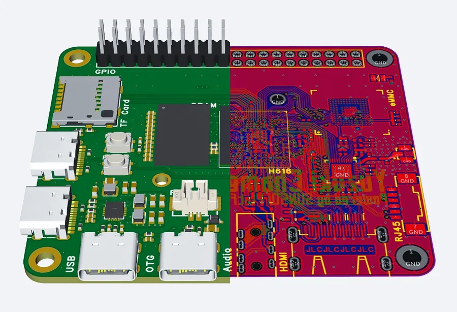 A PCB manufactured by JLCPCB with the company logo.