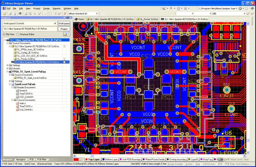 A screenshot of a PCB layout software interface showing a complex circuit design.