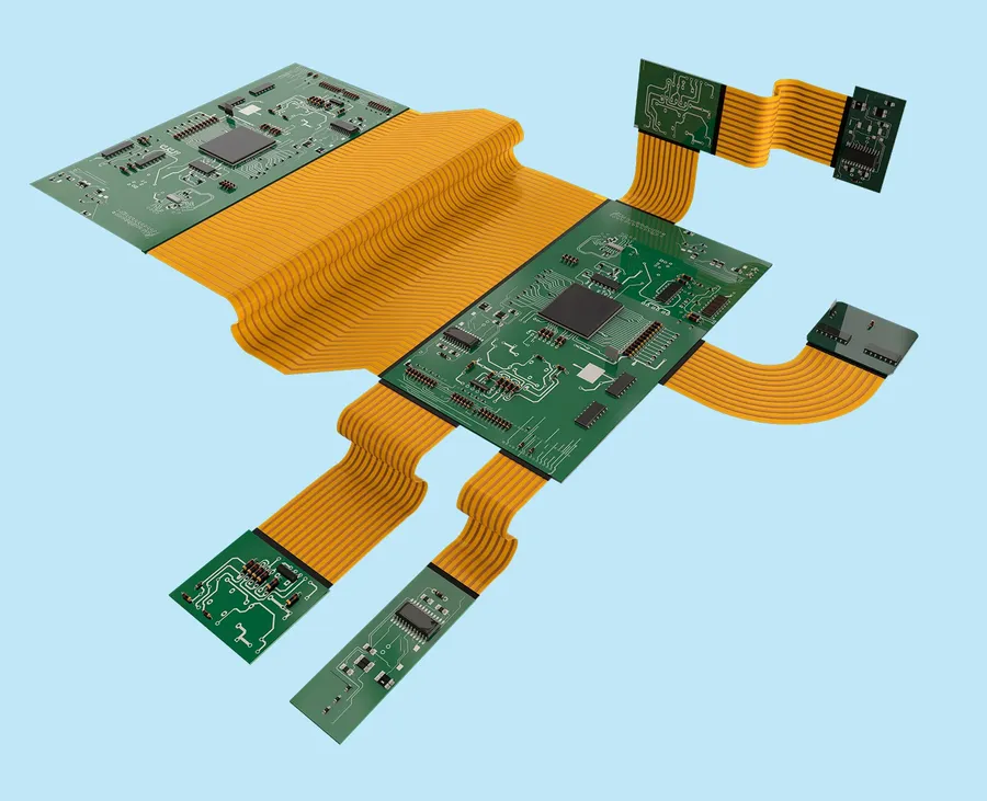 A side-by-side view showing a rigid PCB and a flexible PCB.