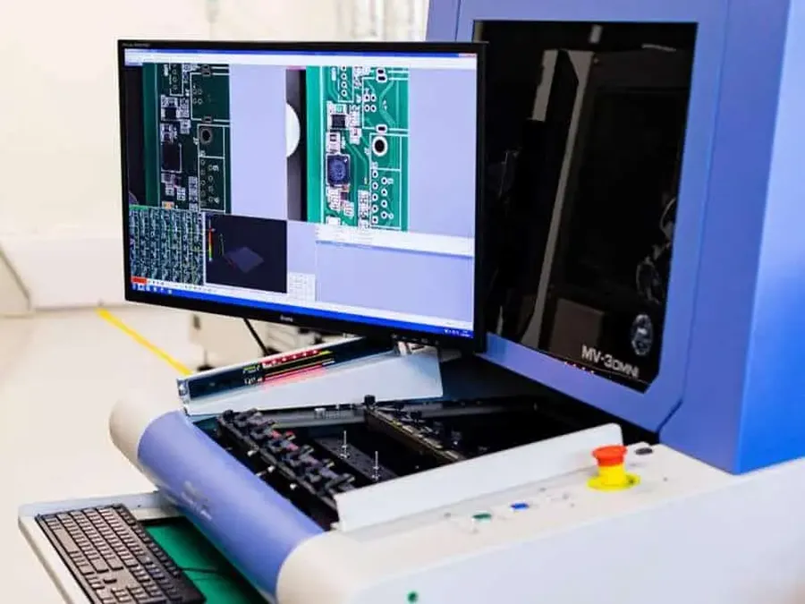 An Automated Optical Inspection machine examining a PCB for defects.