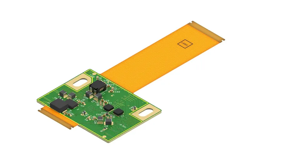 A flexible printed circuit board, showcasing its bendable nature.