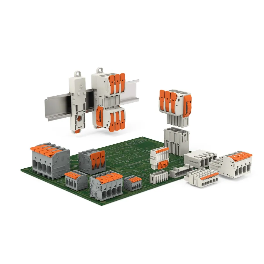 A PCB terminal block showing wires connected to it.