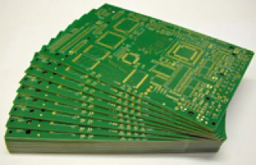 A cross-section view of a multilayer PCB.