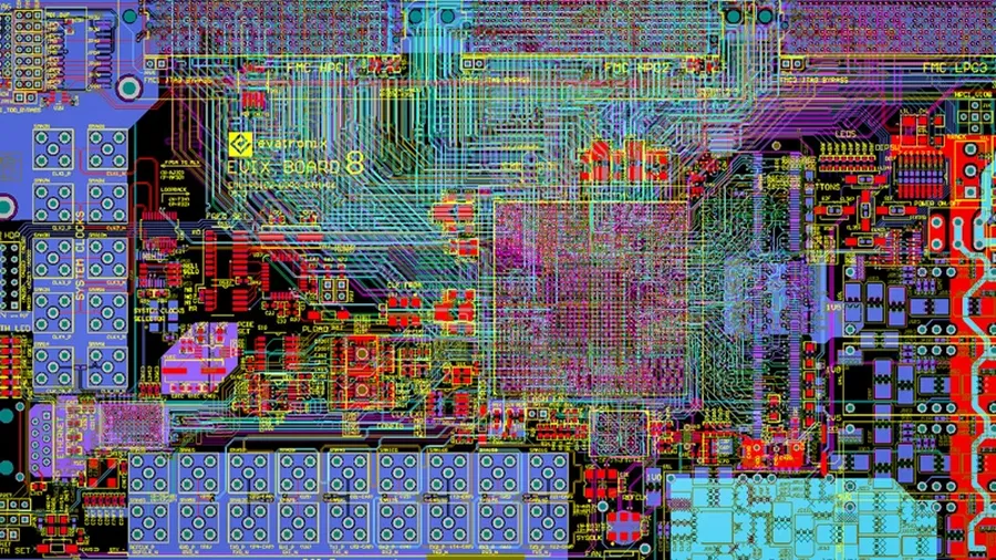 A complex printed circuit board with numerous components and traces.