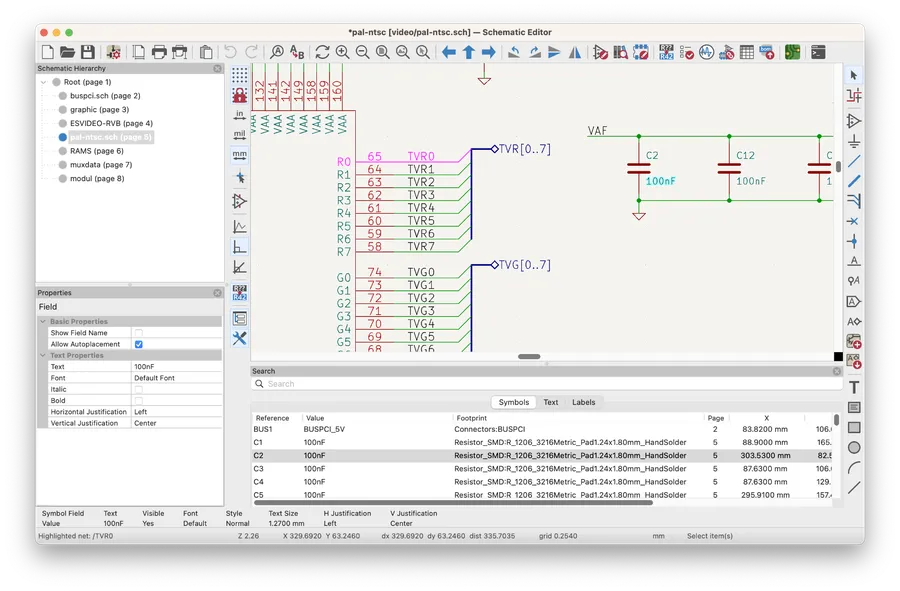 The user interface of KiCad software.