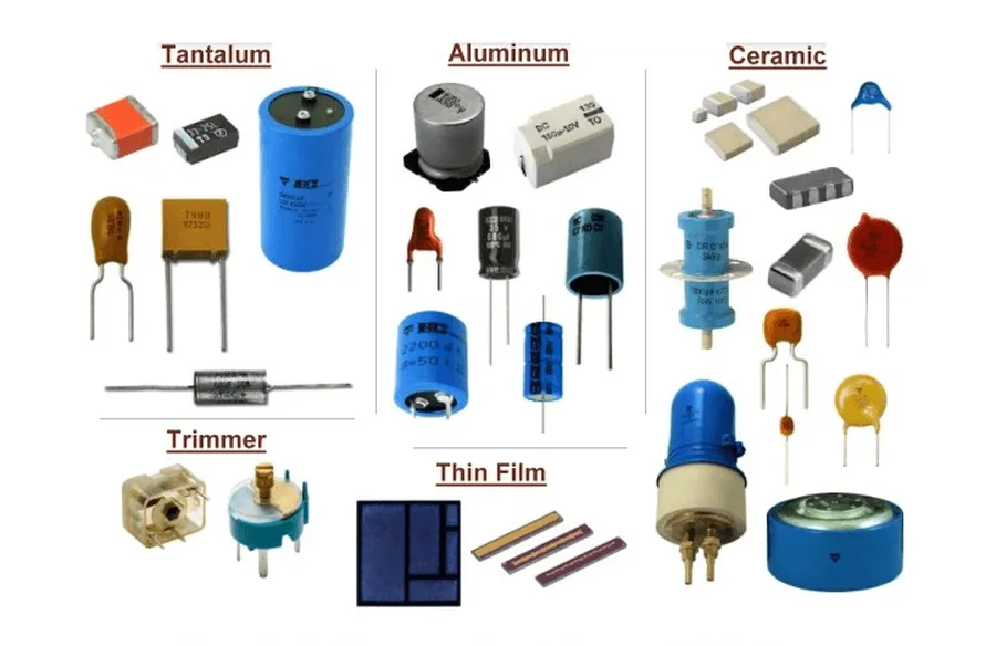 A collection of various types of capacitors.