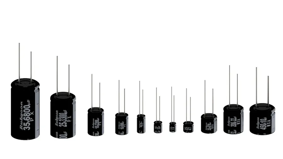 A collection of various sized electrolytic capacitors