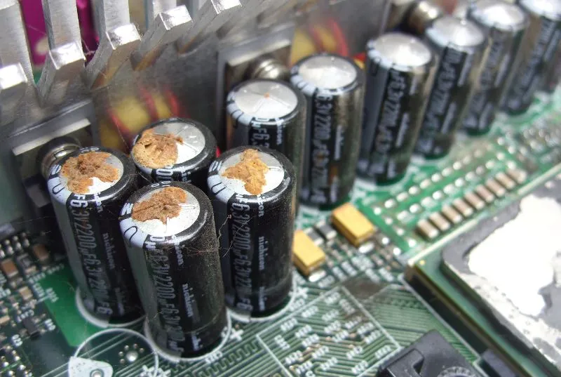 A photo of a physically damaged or bulging capacitor.