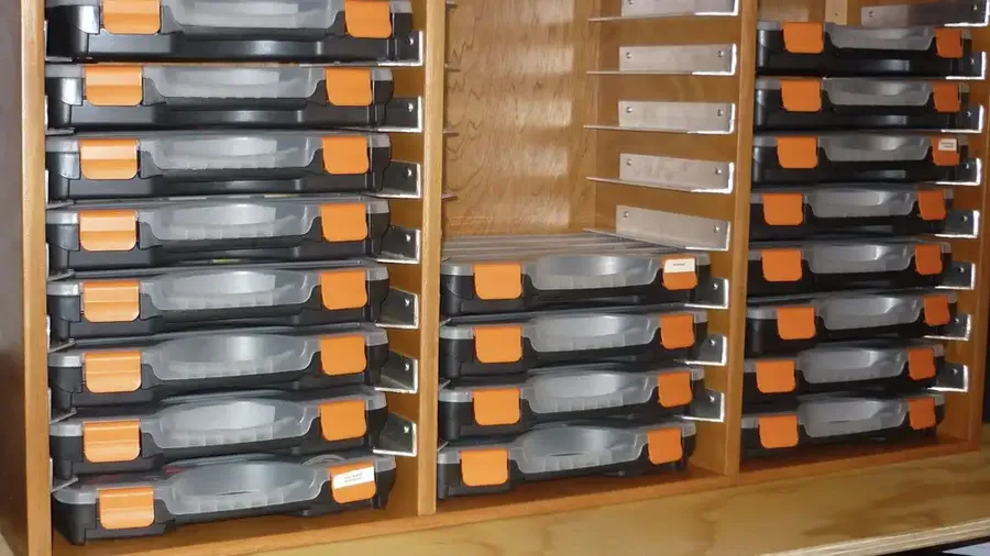 A store shelf stocked with various electronic components.
