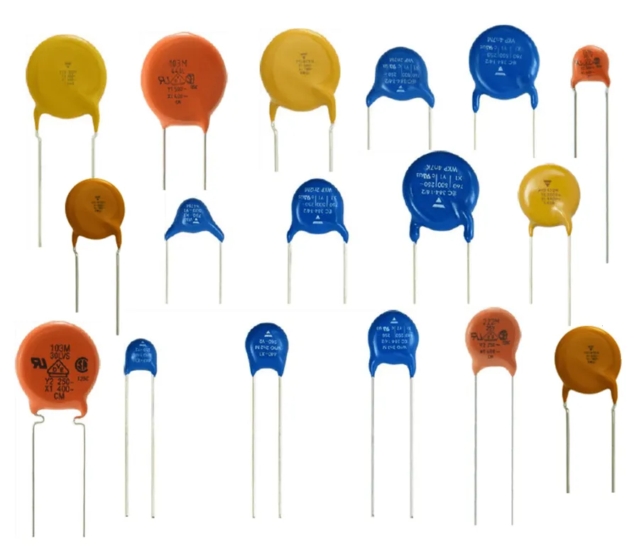 A collection of different ceramic capacitors with varying sizes and markings.