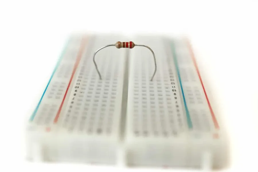 Various types of resistors arranged on a surface.