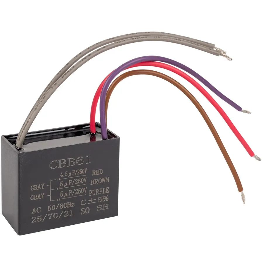 A ceiling fan with a visible CBB61 capacitor.