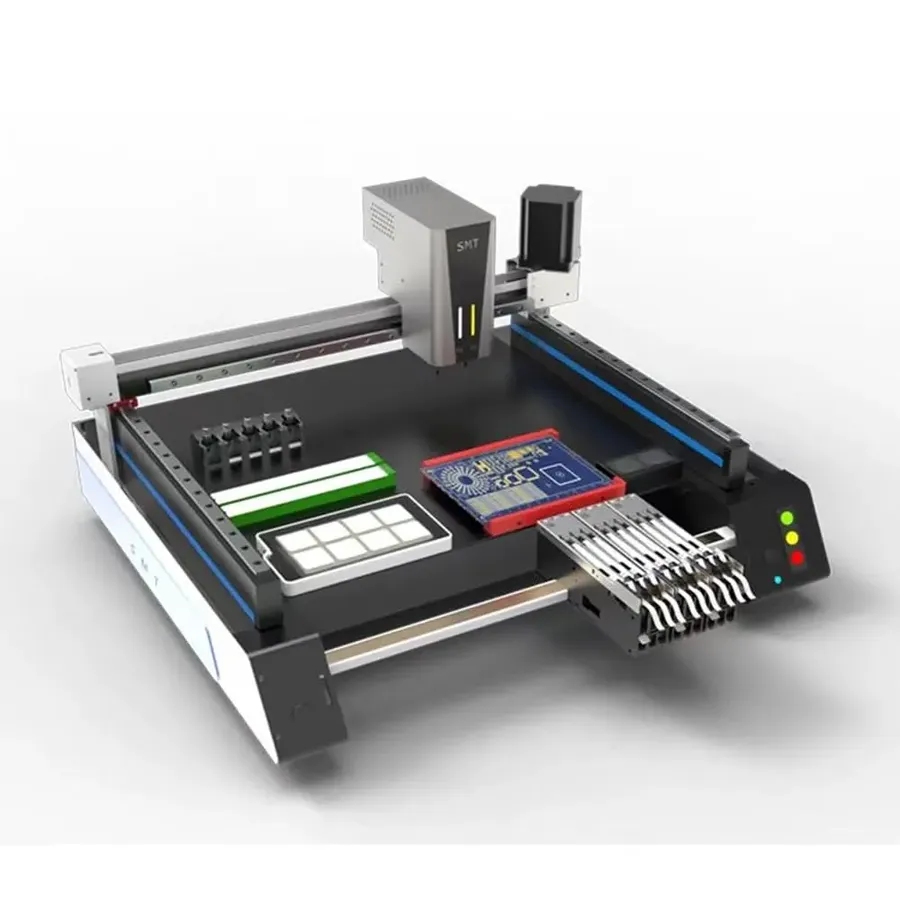 An SMT pick and place machine placing components onto a PCB.