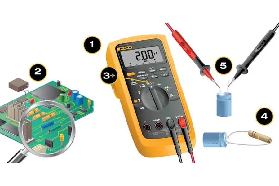 A multimeter measuring the capacitance of a start capacitor.