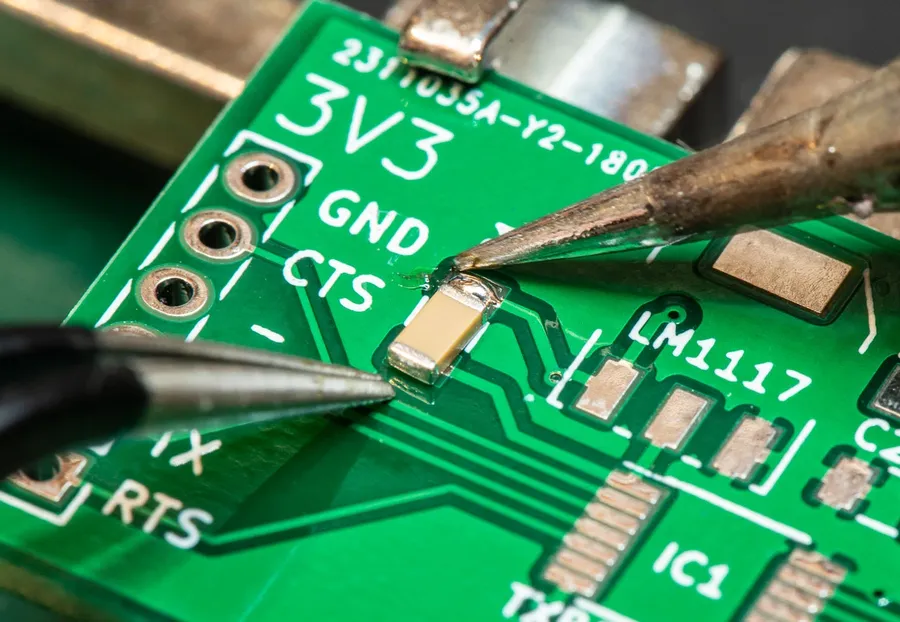 A person hand soldering SMD components onto a PCB.