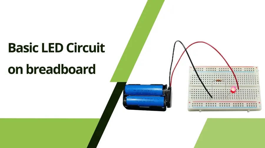 A simple LED circuit constructed on a breadboard with a battery and resistor.