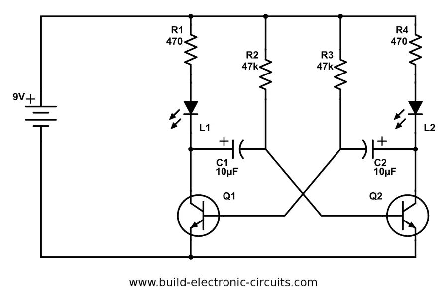 A schematic diagram of a basic LED circuit with a resistor.