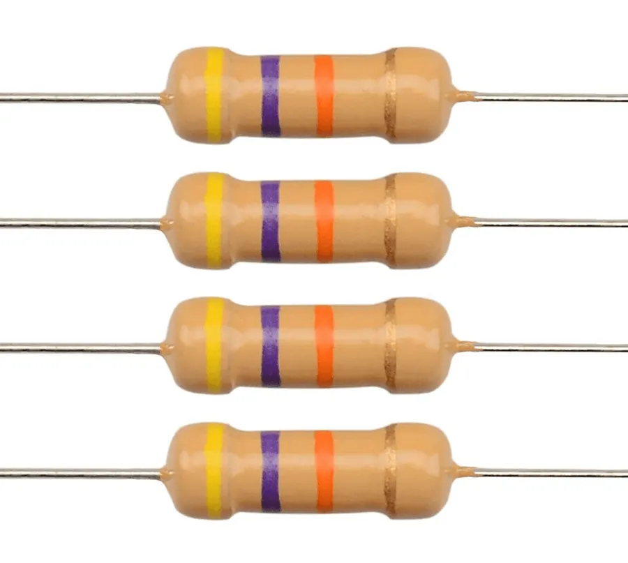 A 47k ohm resistor with its color bands clearly visible.