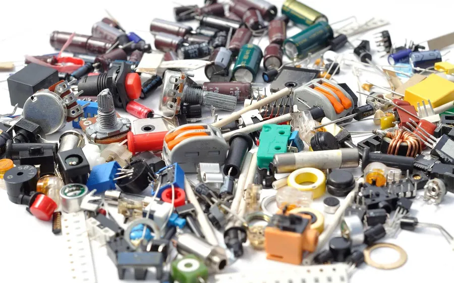 A display of various electronic components in a store.