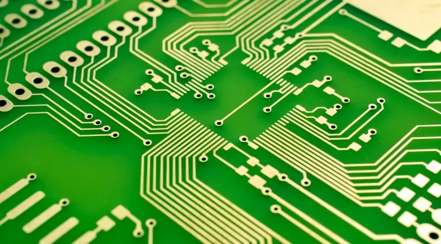 A close-up view of the copper traces on a PCB.