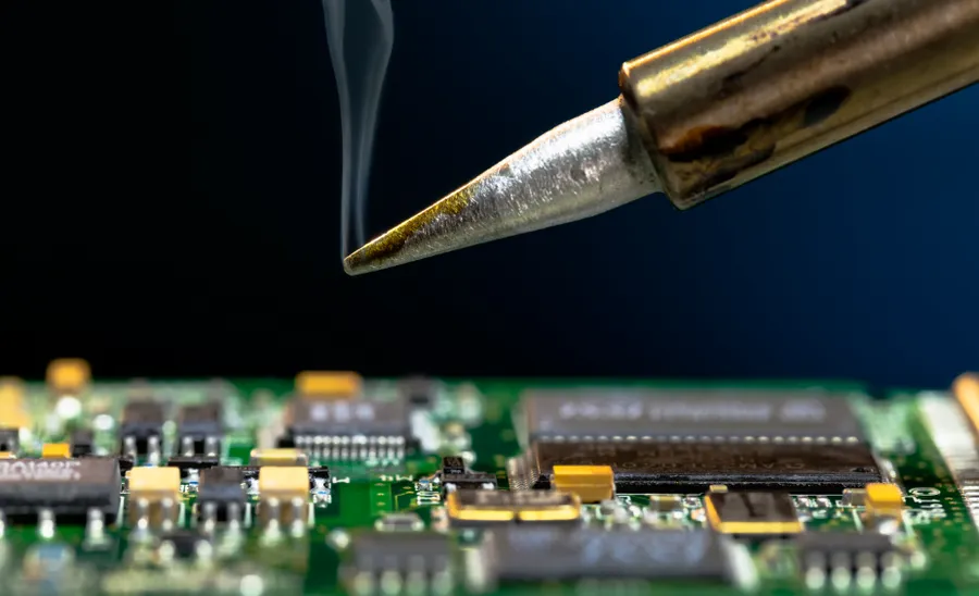 A hand soldering a 10nF capacitor onto a circuit board.