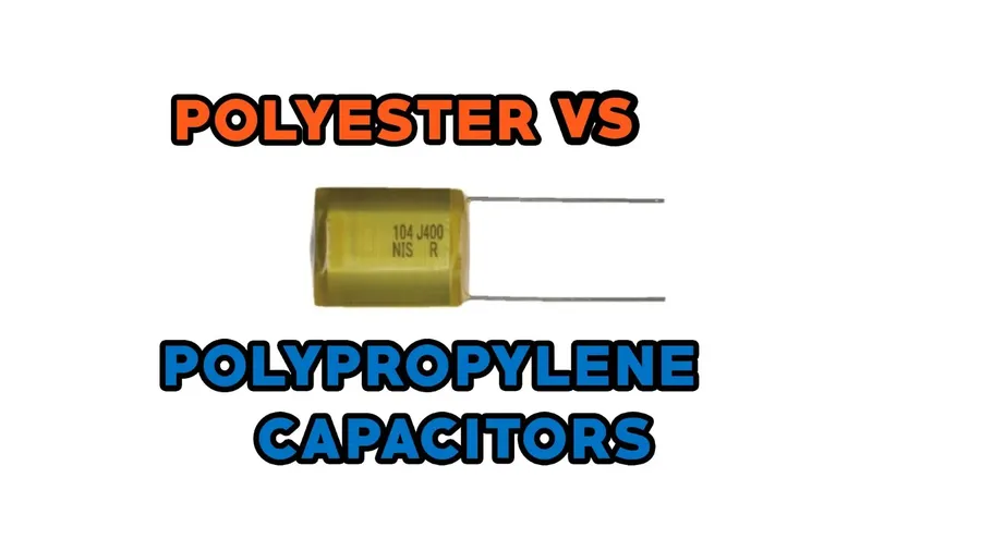 A side-by-side view of an electrolytic capacitor and a polyester capacitor.