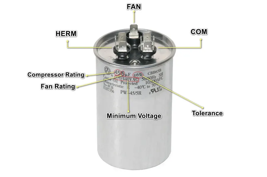 A damaged air conditioner capacitor with a bulging top.