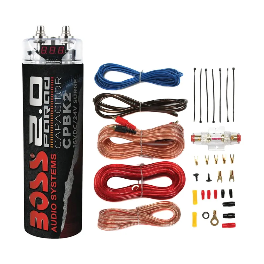 A collection of car audio capacitors of various sizes, demonstrating different capacities.