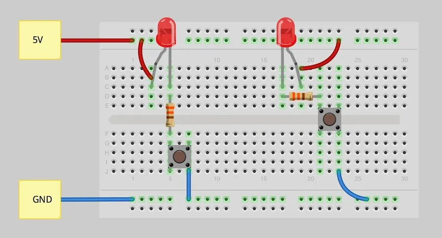 A simple LED circuit assembled on a breadboard with a battery.
