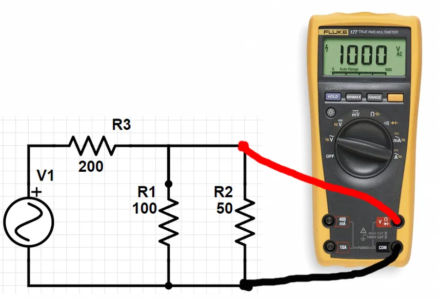 A multimeter measuring voltage in a DC circuit.