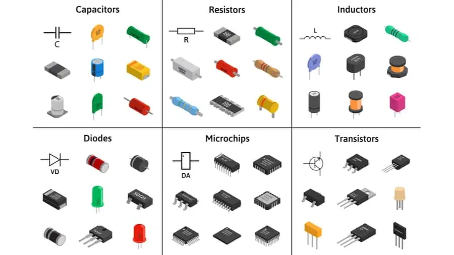 A collection of various electronic components, including resistors, capacitors, and integrated circuits.