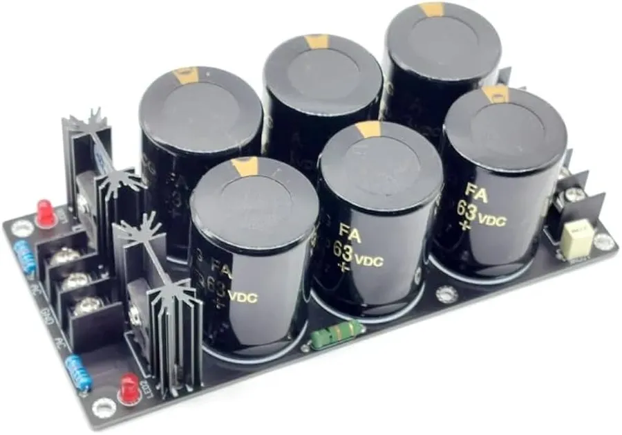A circuit board section with capacitors used for filtering and decoupling.
