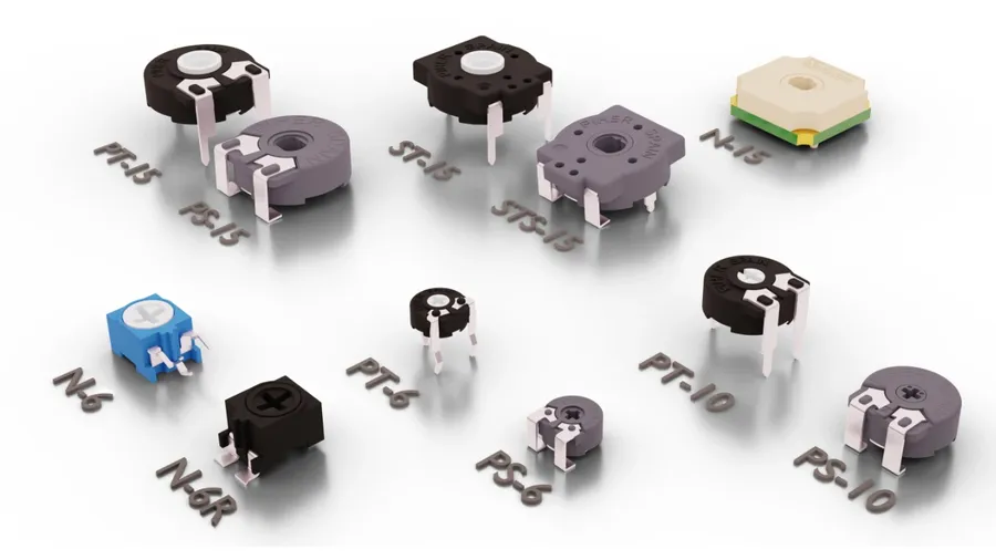 A collection of various types of trimmer resistors.