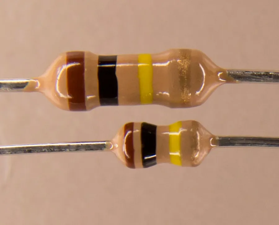 Various types of through-hole resistors.
