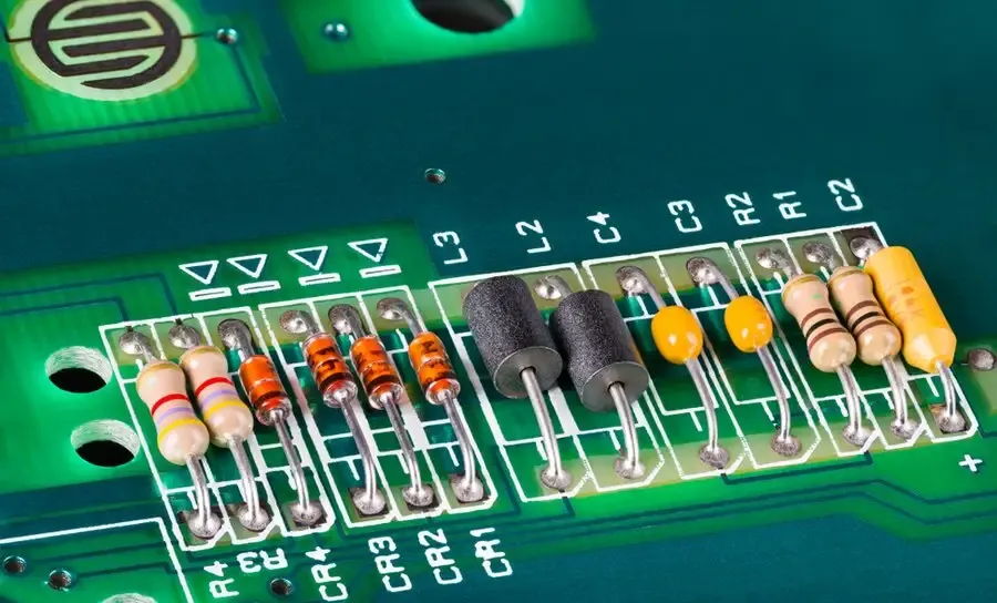 A printed circuit board with various E12 series resistors in use.