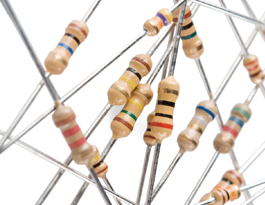 A view of electronic equipment highlighting the presence of resistors.
