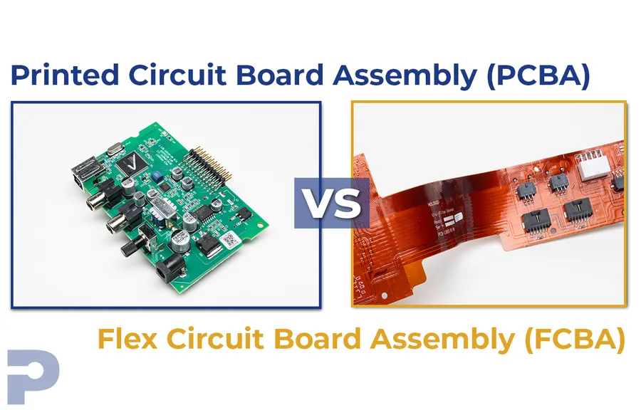 Side-by-side comparison of a bare PCB and an assembled PCB.