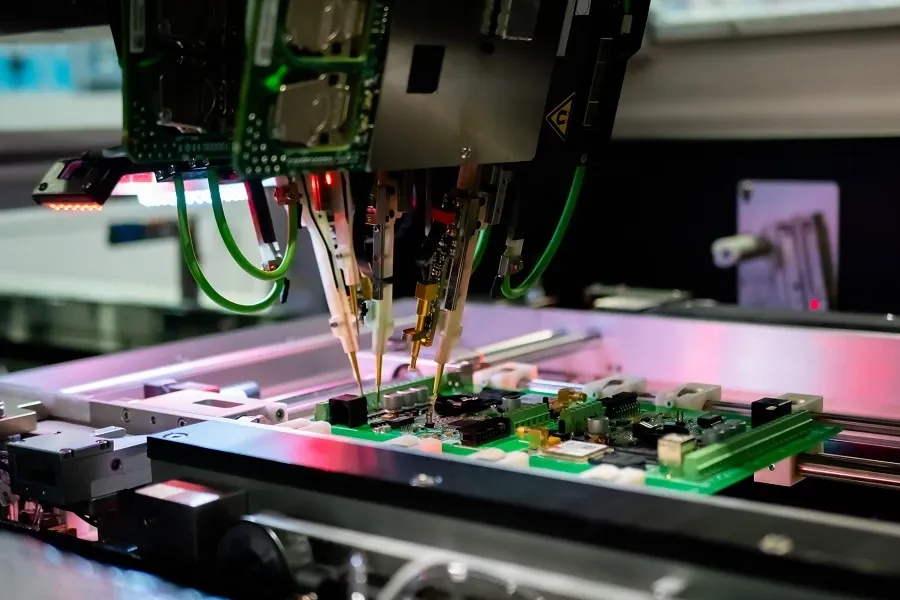 A variety of electronic test equipment connected to a PCB for testing and debugging.